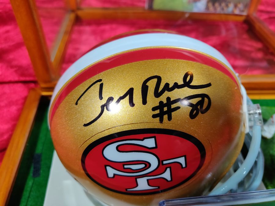 Jerry Rice San Francisco 49ers Autographed Mini Helmet Shadowbox w/ Card Figure