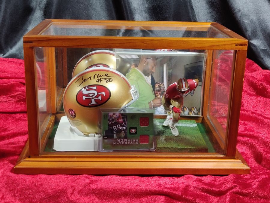 Jerry Rice San Francisco 49ers Autographed Mini Helmet Shadowbox w/ Card Figure