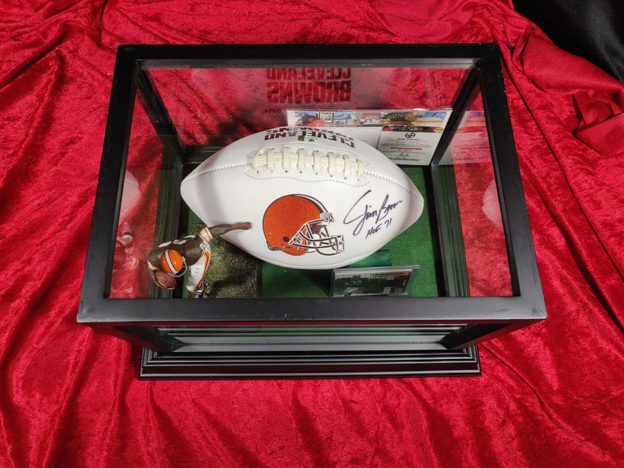 Jim Brown Autographed Football Browns Shadowbox w/ Jersey Card & Figure