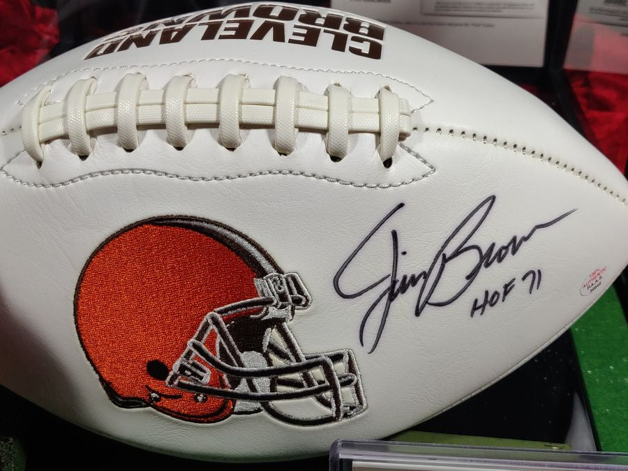 Jim Brown Autographed Football Cleveland Browns Shadowbox w/ Card & Figure