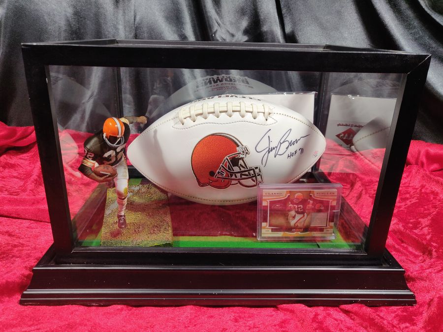cleveland browns football helmet case Jim Brown Autographed Football Cleveland Browns Shadowbox w/ Card & Fi – Collectors Crossroads