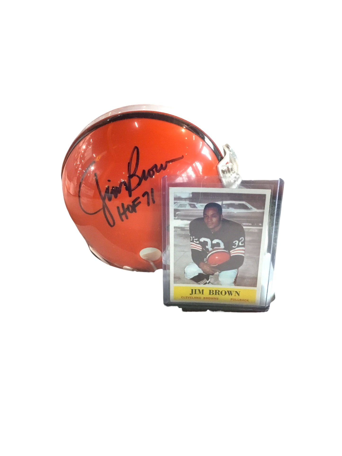 Jim Brown Browns Signed Mini Helmet Shadowbox w/ 1964 Card, Figure, COA