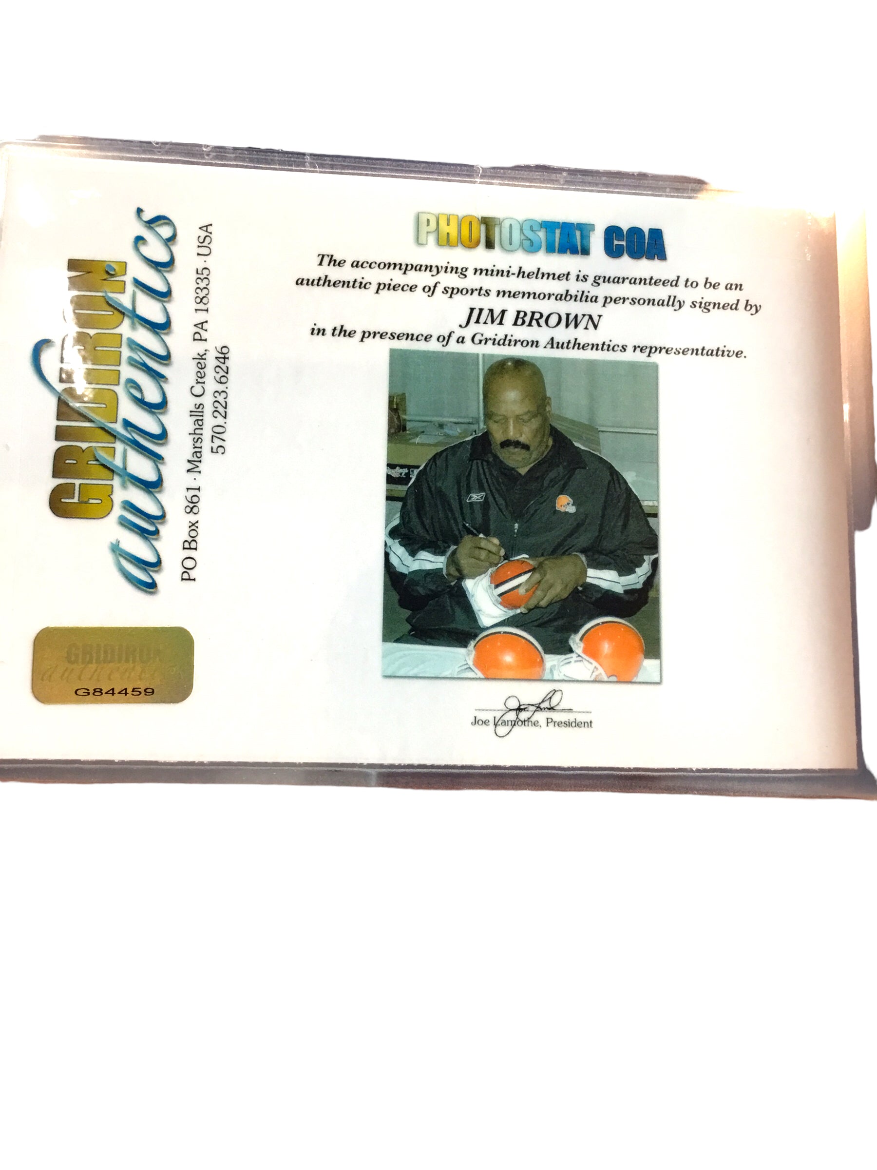 Jim Brown Browns Signed Mini Helmet Shadowbox w/ 1964 Card, Figure, COA