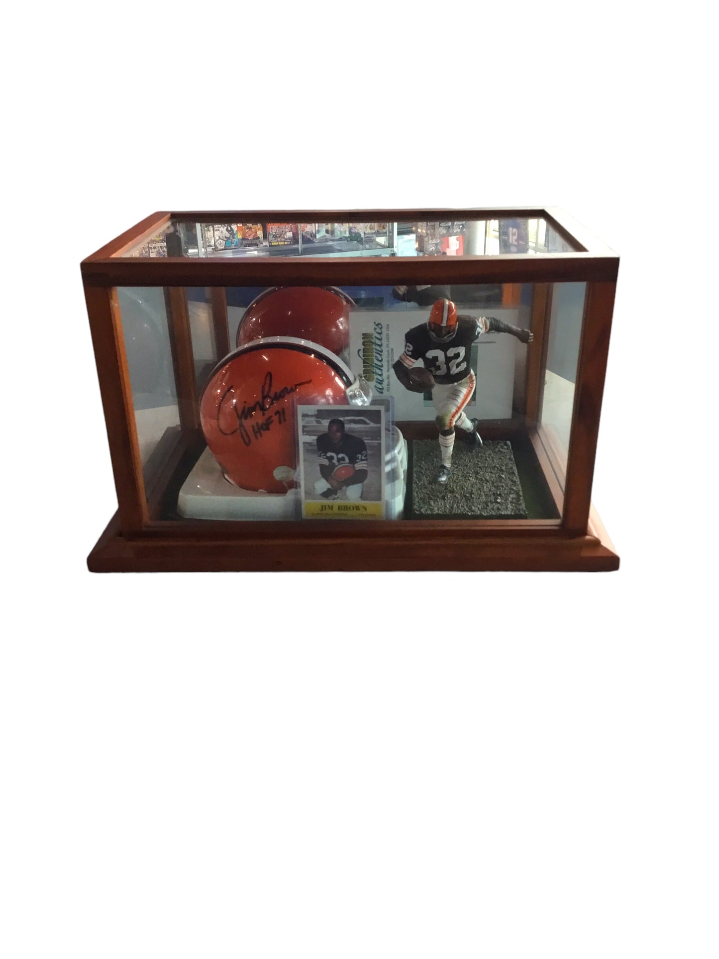 Jim Brown Browns Signed Mini Helmet Shadowbox w/ 1964 Card, Figure, COA