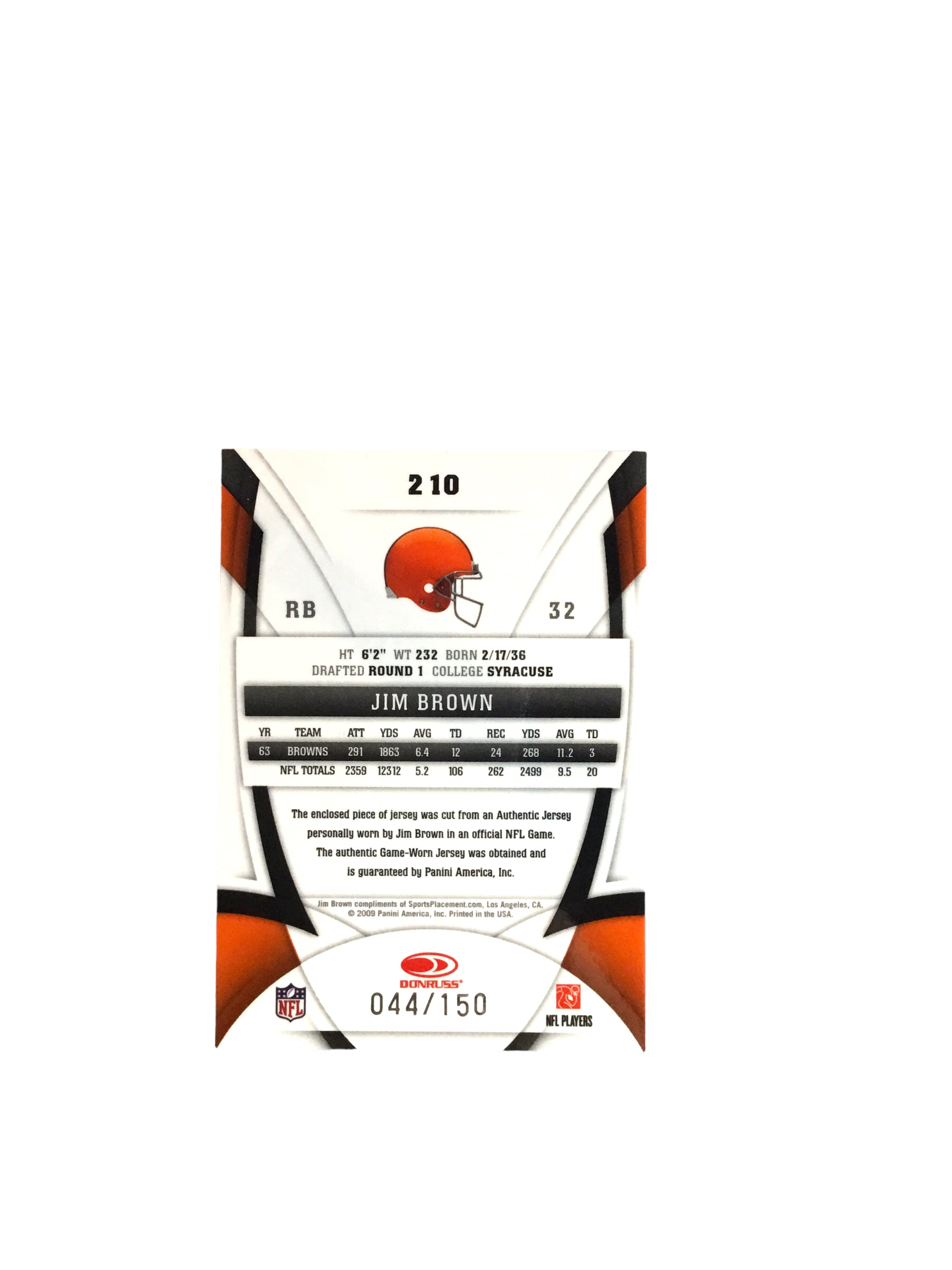 Jim Brown Certified Authentic Autographed Mini-helmet Shadowbox & Jersey card