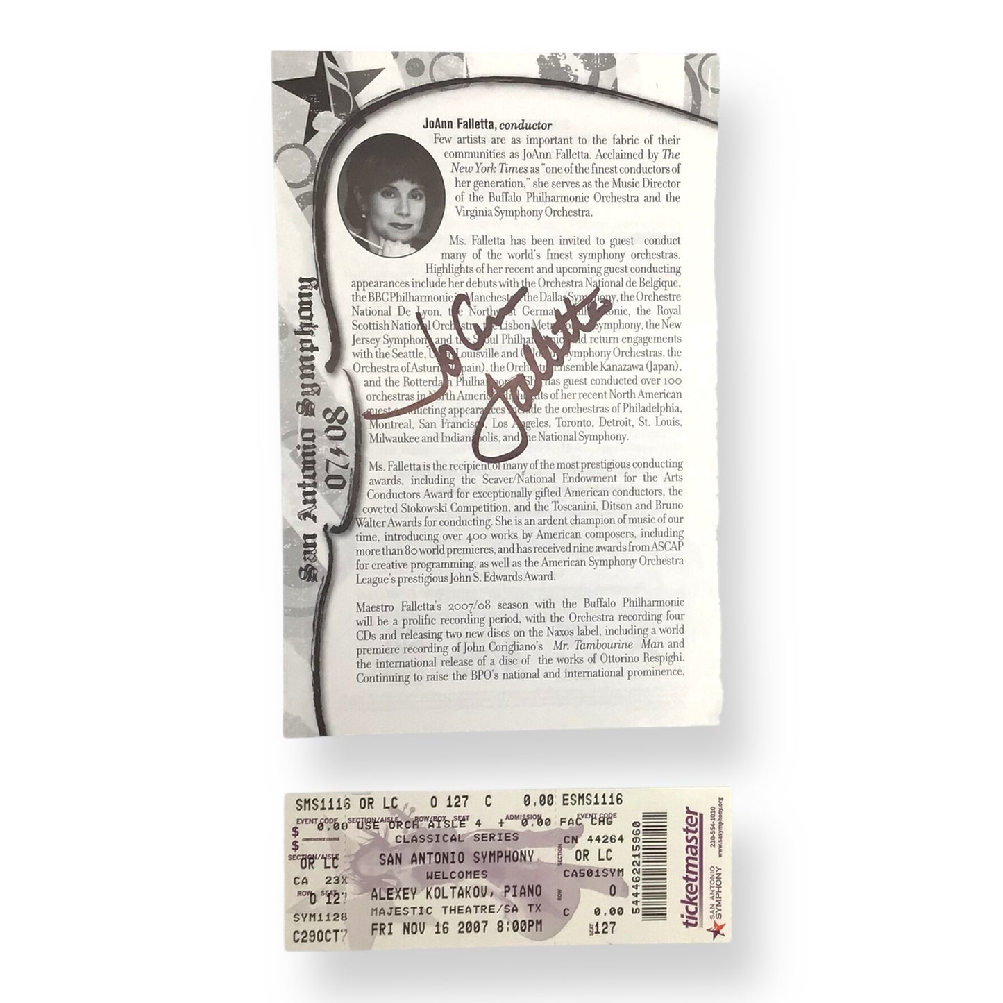 JoAnn Falletta Signed Sheet + Concert Ticket – Classical Music