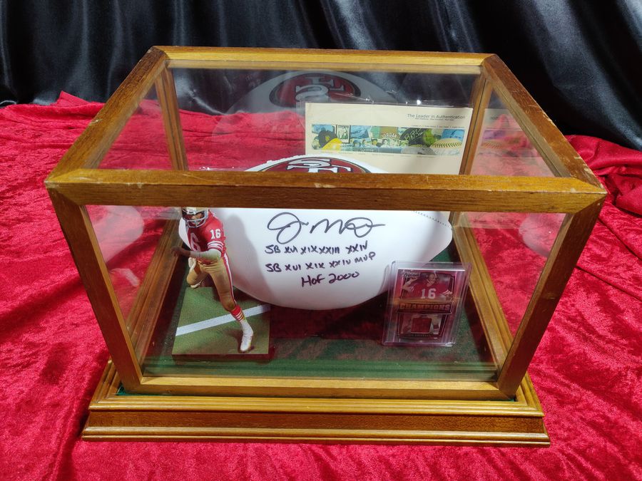 Joe Montana 49ers Autographed Football Shadowbox with Card and Figure