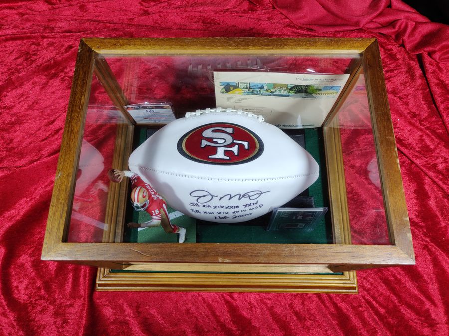 Joe Montana 49ers Autographed Football Shadowbox with Card and Figure