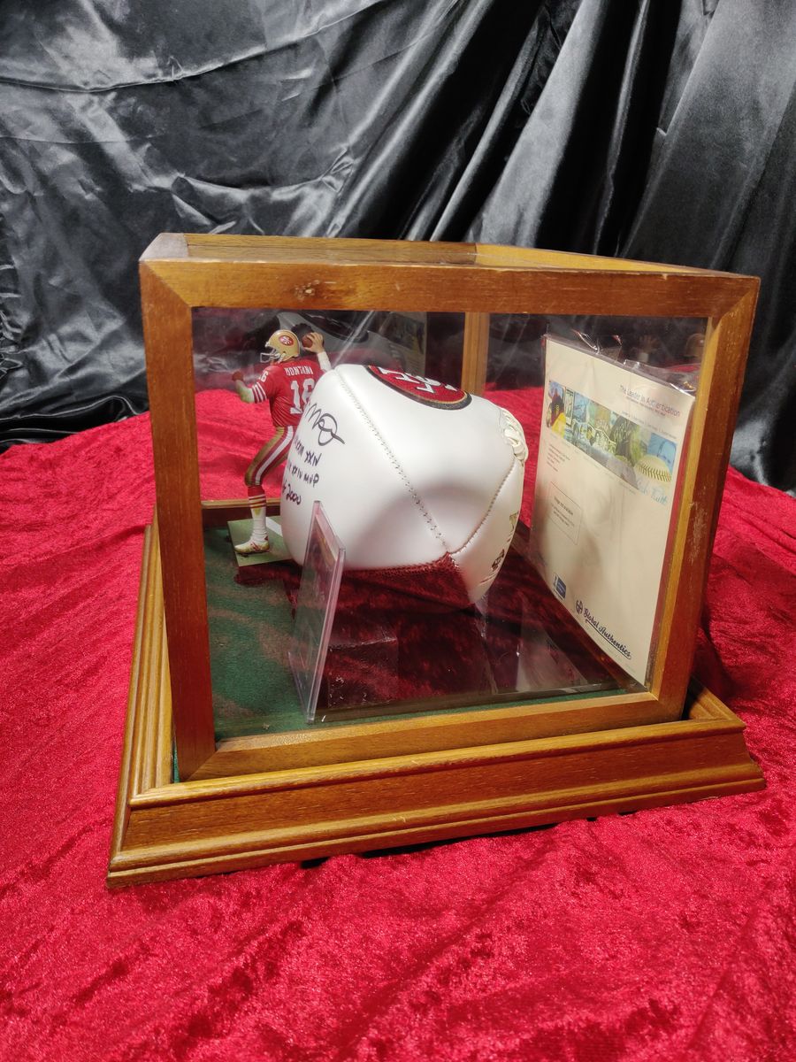 Joe Montana 49ers Autographed Football Shadowbox with Card and Figure