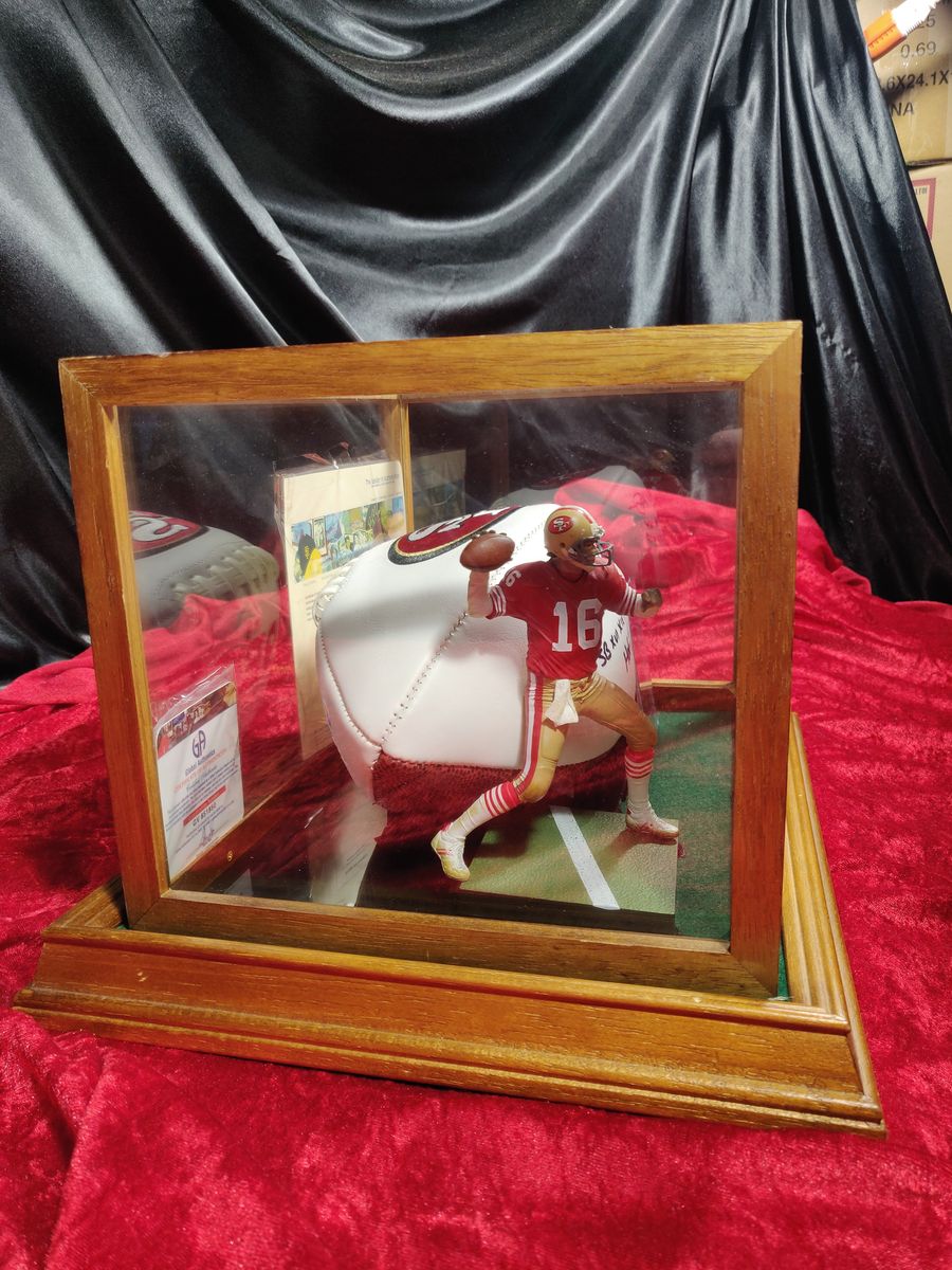 Joe Montana 49ers Autographed Football Shadowbox with Card and Figure
