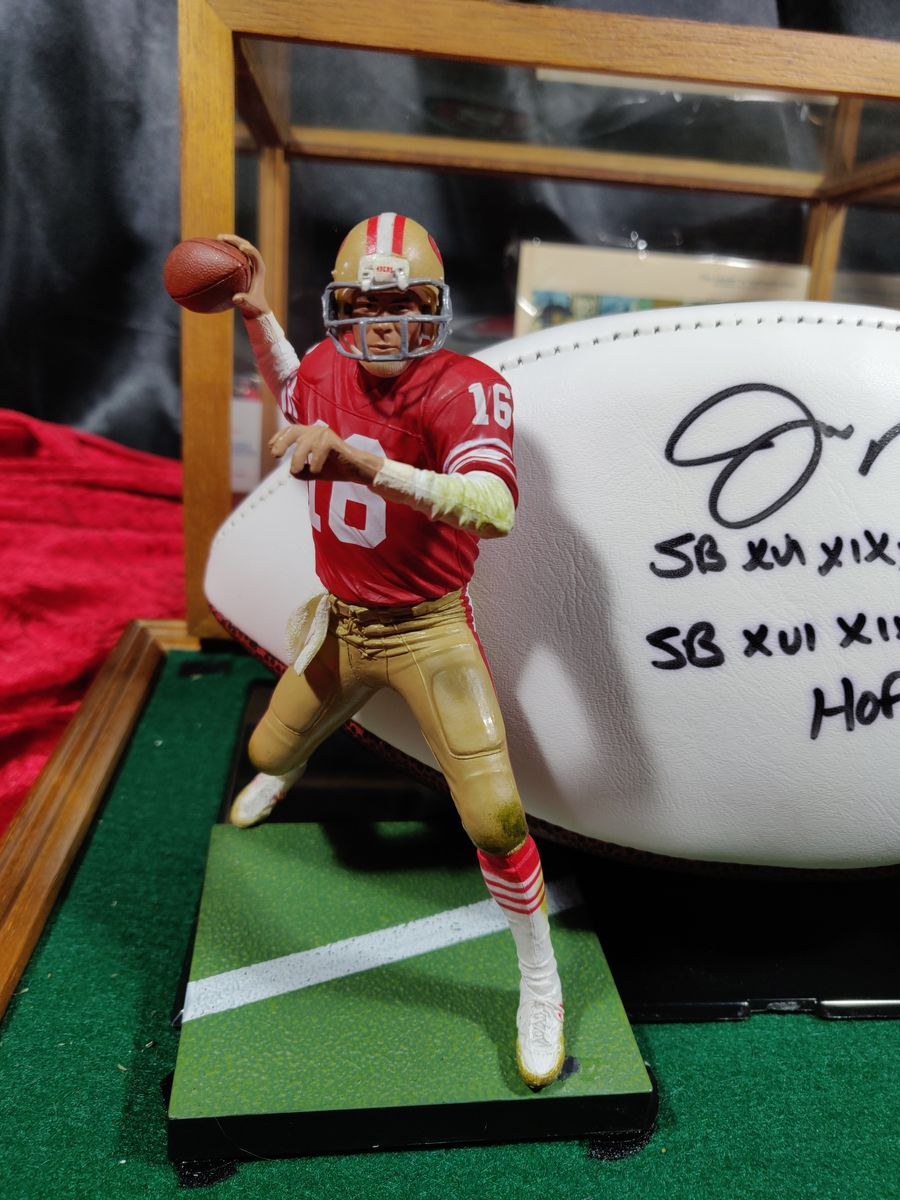 Joe Montana 49ers Autographed Football Shadowbox with Card and Figure
