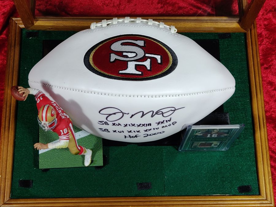 Joe Montana 49ers Autographed Football Shadowbox with Card and Figure