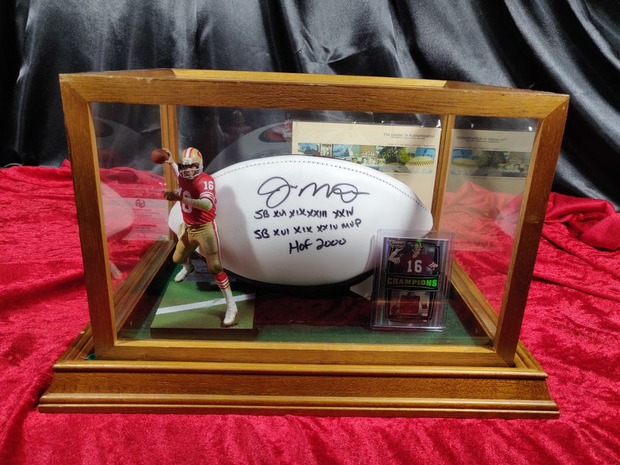 Joe Montana 49ers Autographed Football Shadowbox with Card and Figure