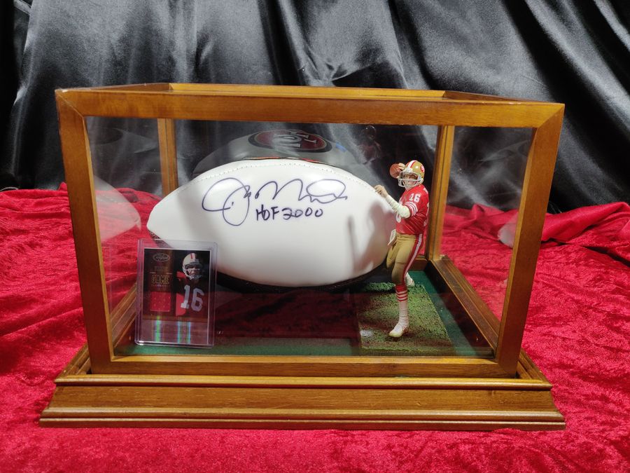 Joe Montana 49ers Autographed Football Shadowbox with Card and Figure
