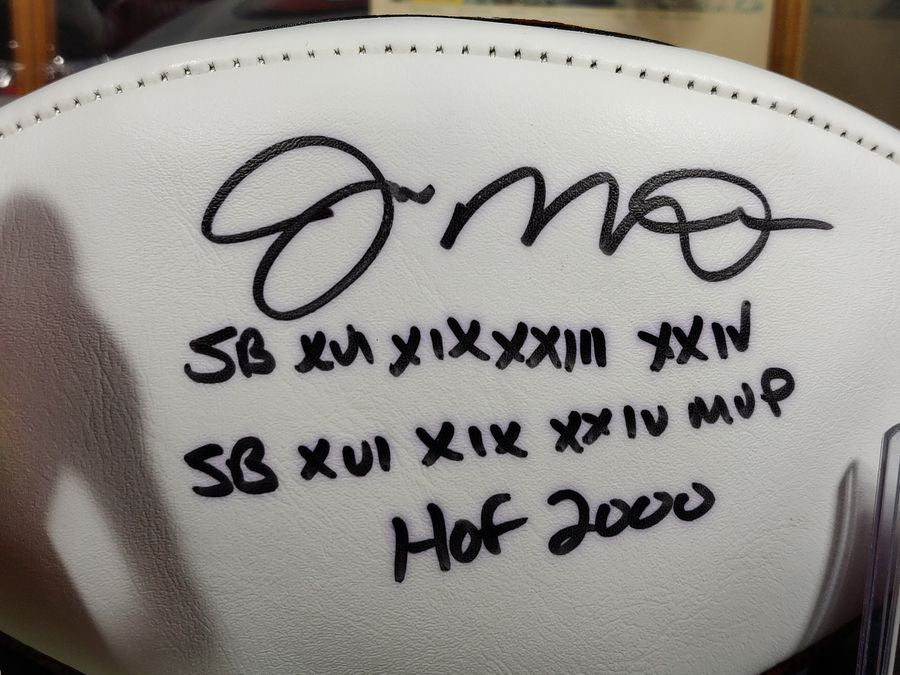 Joe Montana Signed Football Shadowbox 49ers HOF/SB MVP Ball w/ Card & Figure