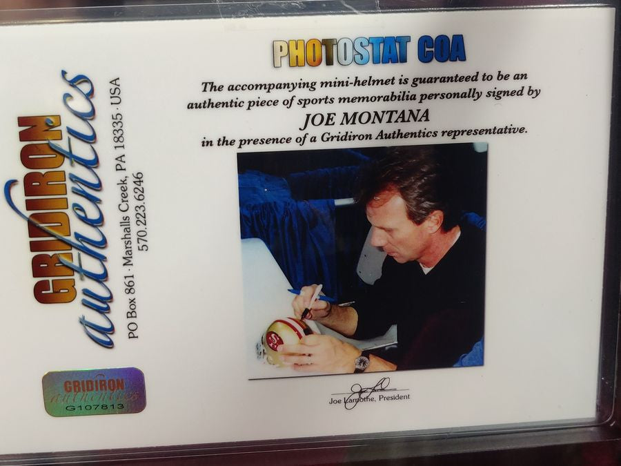 Joe Montana Signed Mini Helmet Shadowbox 49ers HOF 2000 w/ Card & Figure