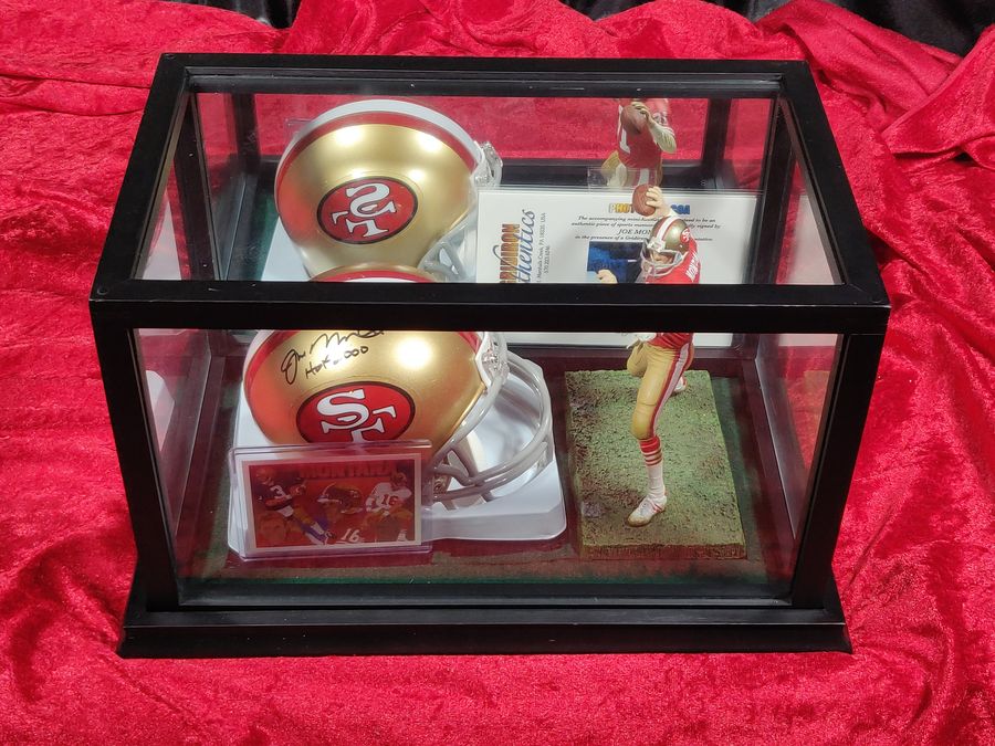 Joe Montana Signed Mini Helmet Shadowbox 49ers HOF 2000 w/ Card & Figure