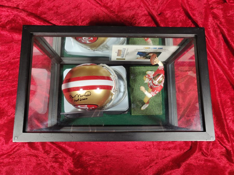 Joe Montana Signed Mini Helmet Shadowbox 49ers HOF 2000 w/ Card & Figure