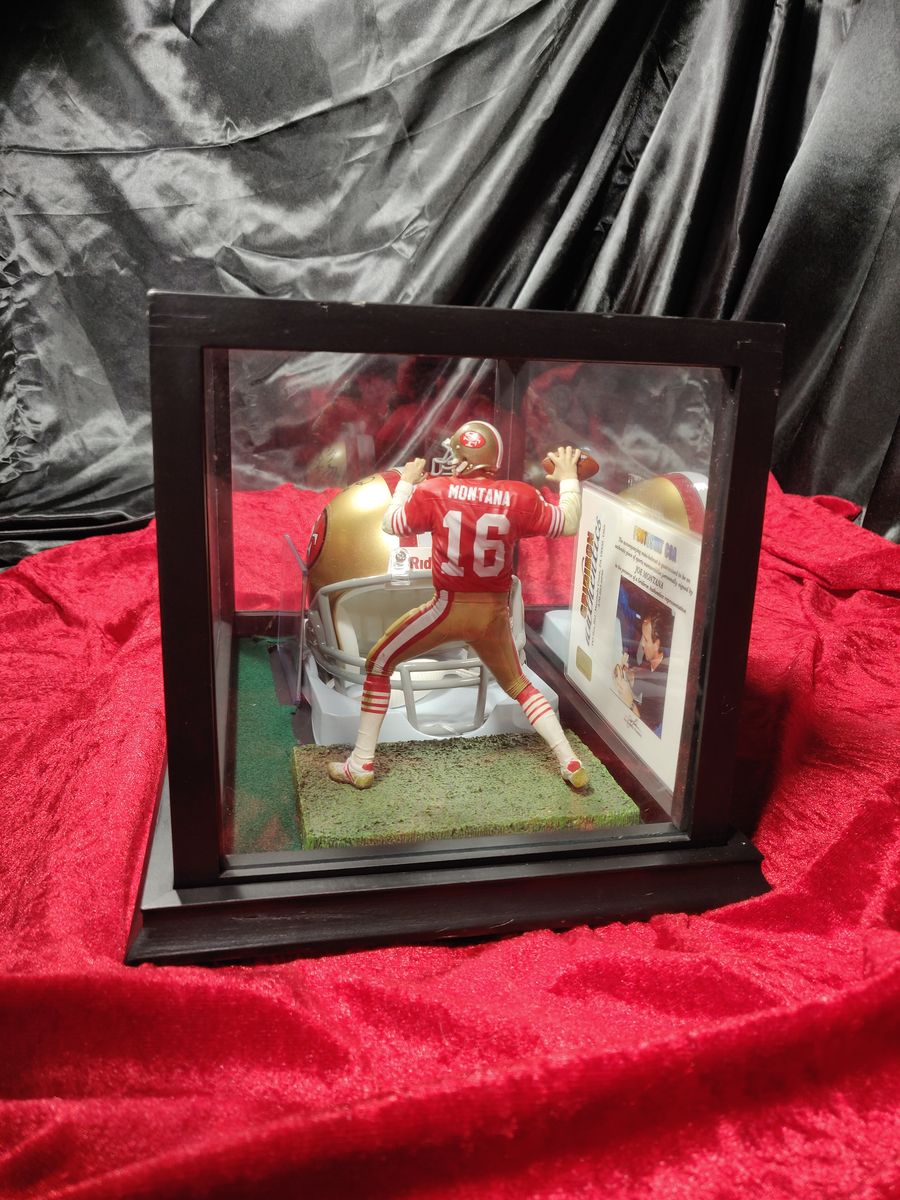 Joe Montana Signed Mini Helmet Shadowbox 49ers HOF 2000 w/ Card & Figure