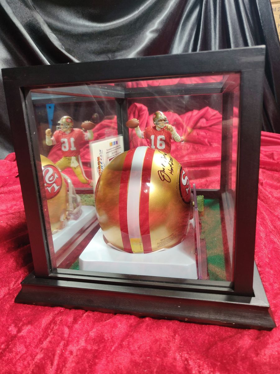 Joe Montana Signed Mini Helmet Shadowbox 49ers HOF 2000 w/ Card & Figure