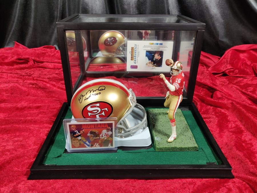 Joe Montana Signed Mini Helmet Shadowbox 49ers HOF 2000 w/ Card & Figure