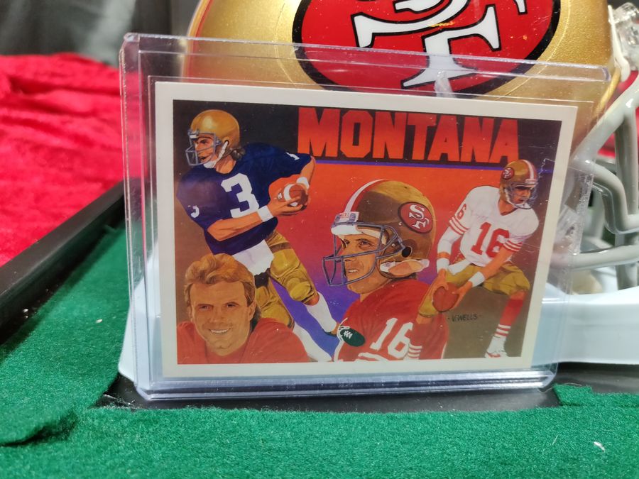 Joe Montana Signed Mini Helmet Shadowbox 49ers HOF 2000 w/ Card & Figure