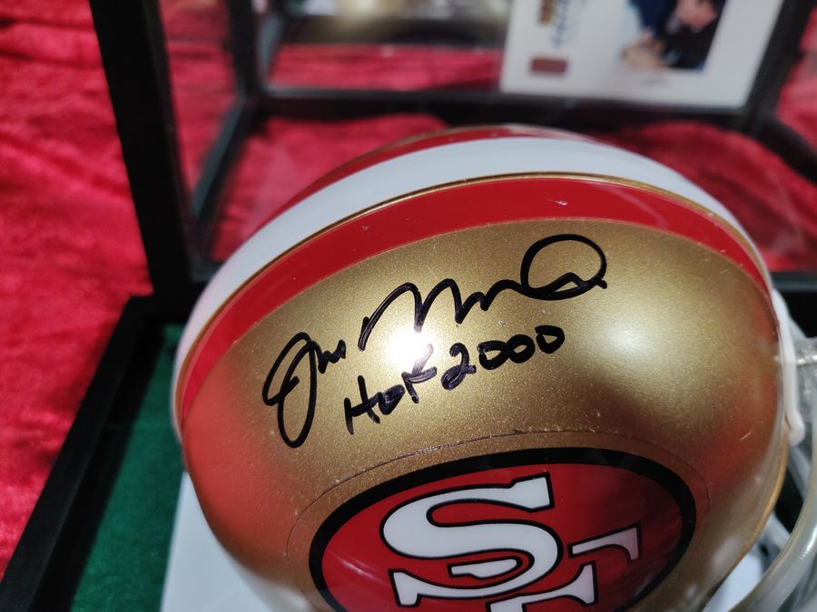 Joe Montana Signed Mini Helmet Shadowbox 49ers HOF 2000 w/ Card & Figure
