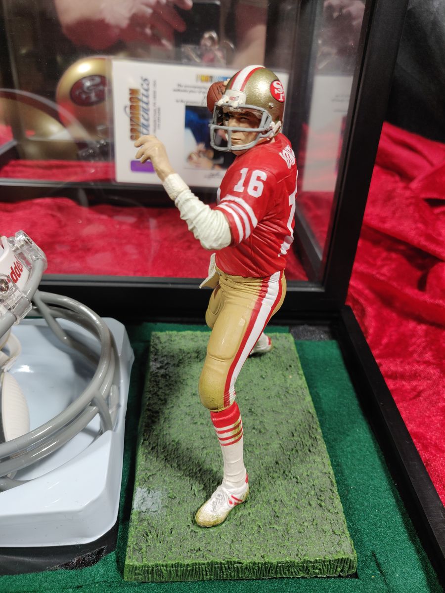 Joe Montana Signed Mini Helmet Shadowbox 49ers HOF 2000 w/ Card & Figure