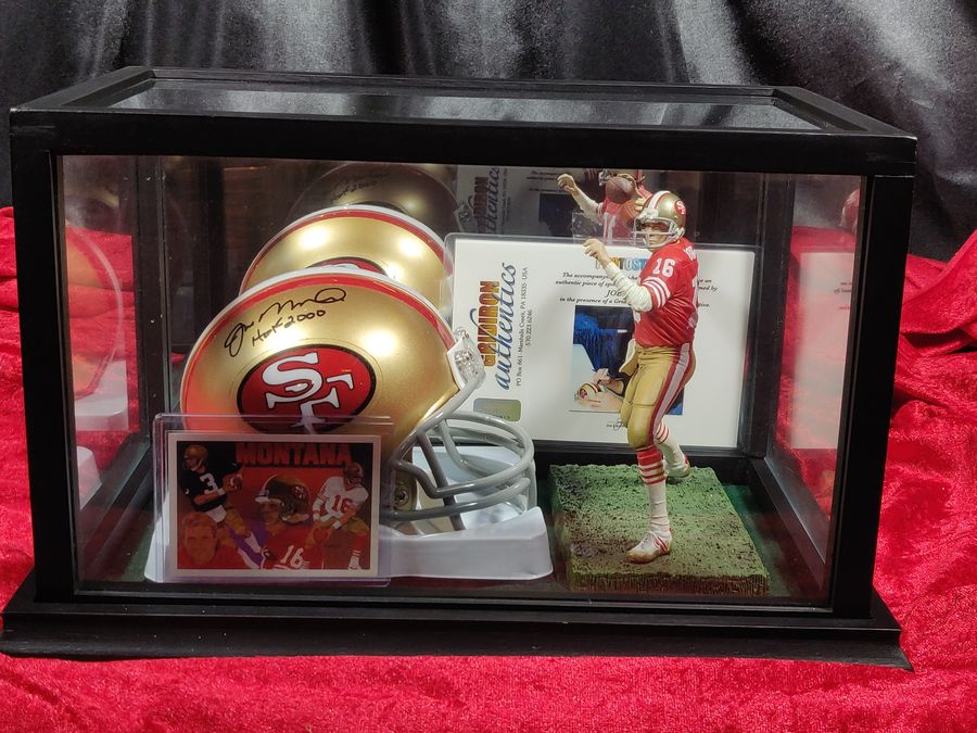 Joe Montana Signed Mini Helmet Shadowbox 49ers HOF 2000 w/ Card & Figure
