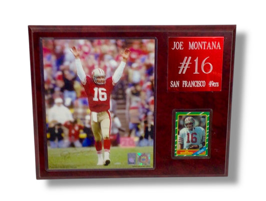 Joe Montana Signed Photo w/ Vintage Plaque & Sports Card w/ Cert