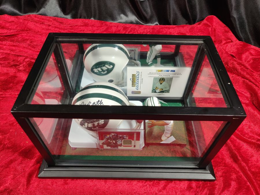 Joe Namath New York Jets Autographed Mini Helmet Shadowbox w/ Card and Figure