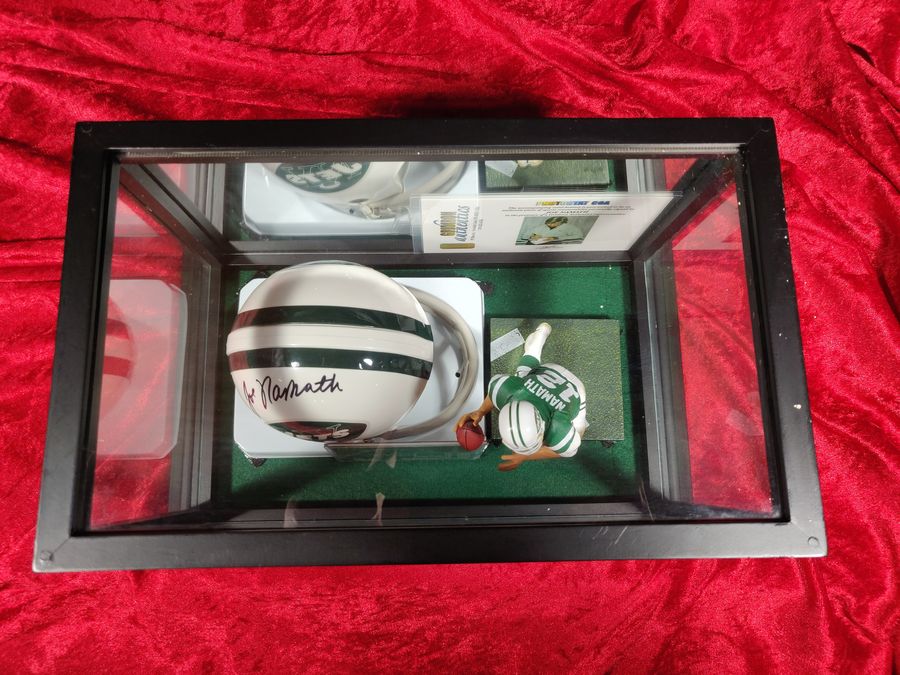 Joe Namath New York Jets Autographed Mini Helmet Shadowbox w/ Card and Figure