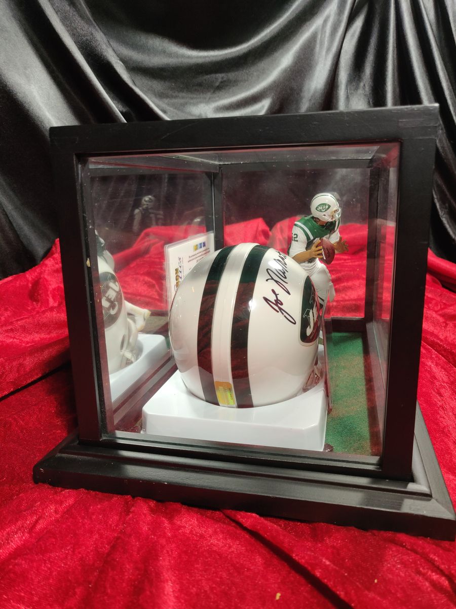 Joe Namath New York Jets Autographed Mini Helmet Shadowbox w/ Card and Figure