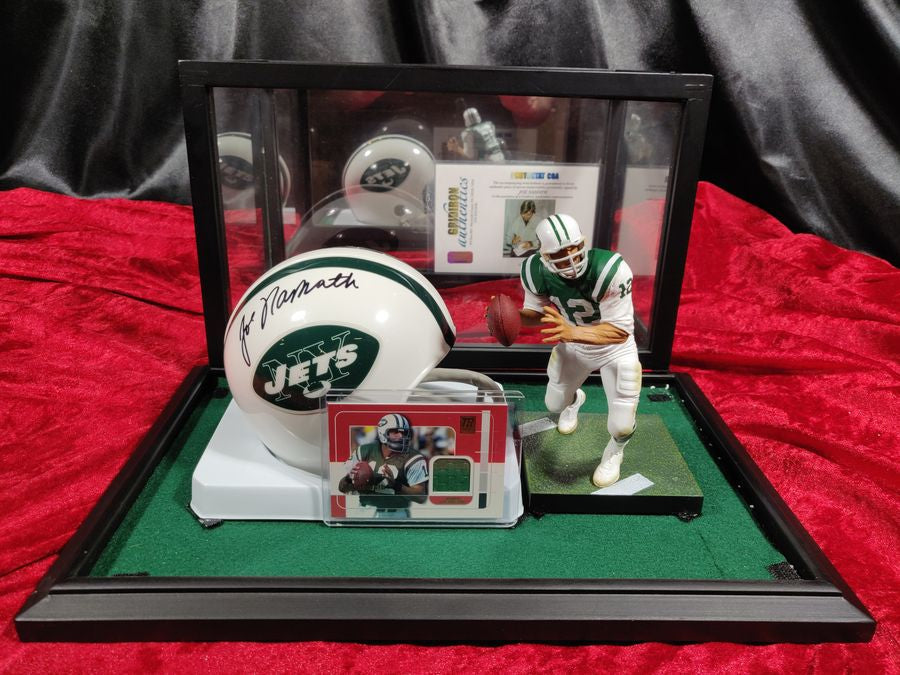 Joe Namath New York Jets Autographed Mini Helmet Shadowbox w/ Card and Figure