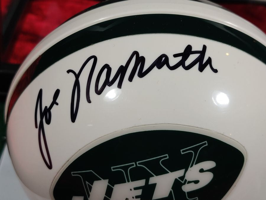 Joe Namath New York Jets Autographed Mini Helmet Shadowbox w/ Card and Figure