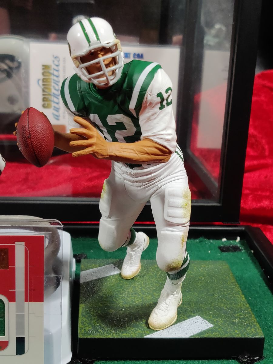 Joe Namath New York Jets Autographed Mini Helmet Shadowbox w/ Card and Figure
