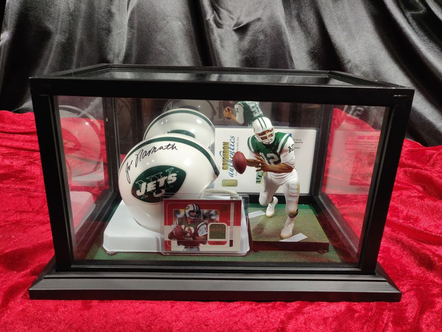 Joe Namath New York Jets Autographed Mini Helmet Shadowbox w/ Card and Figure