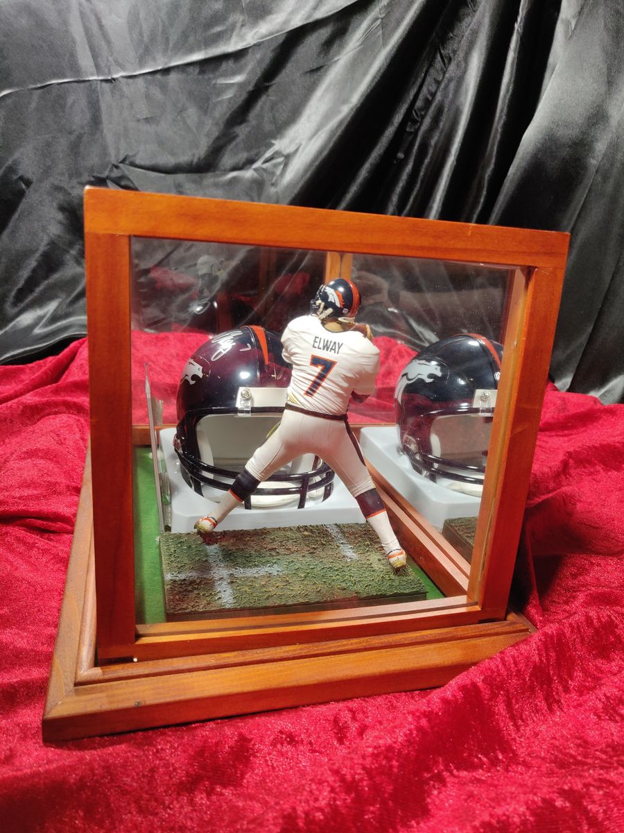 John Elway Broncos Autographed Mini Helmet Shadowbox w/ Jersey Card and Figure