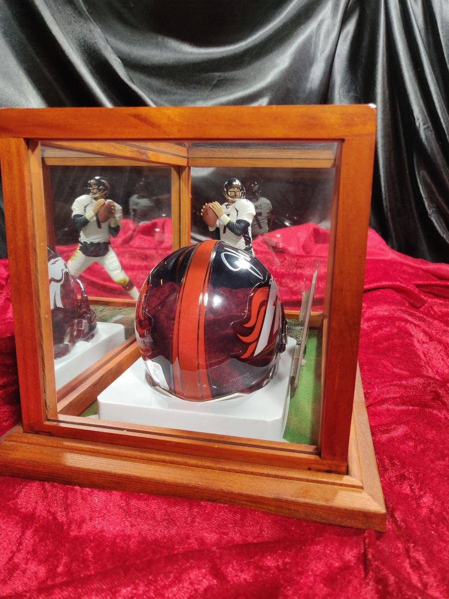 John Elway Broncos Autographed Mini Helmet Shadowbox w/ Jersey Card and Figure