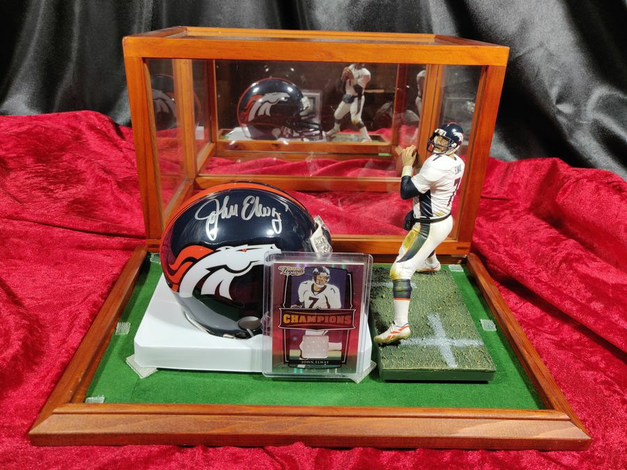 John Elway Broncos Autographed Mini Helmet Shadowbox w/ Jersey Card and Figure