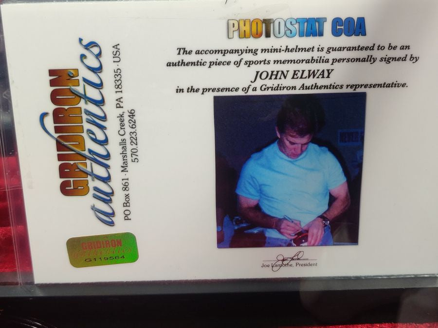 John Elway Denver Broncos Autographed Mini Helmet Shadowbox w/ Card and Figure
