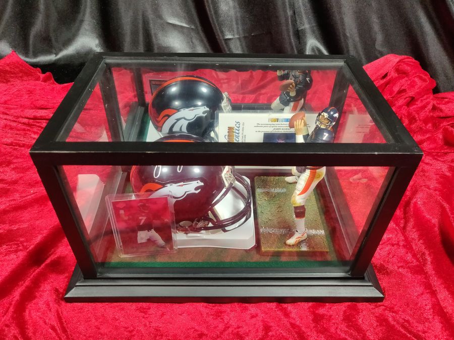 John Elway Denver Broncos Autographed Mini Helmet Shadowbox w/ Card and Figure