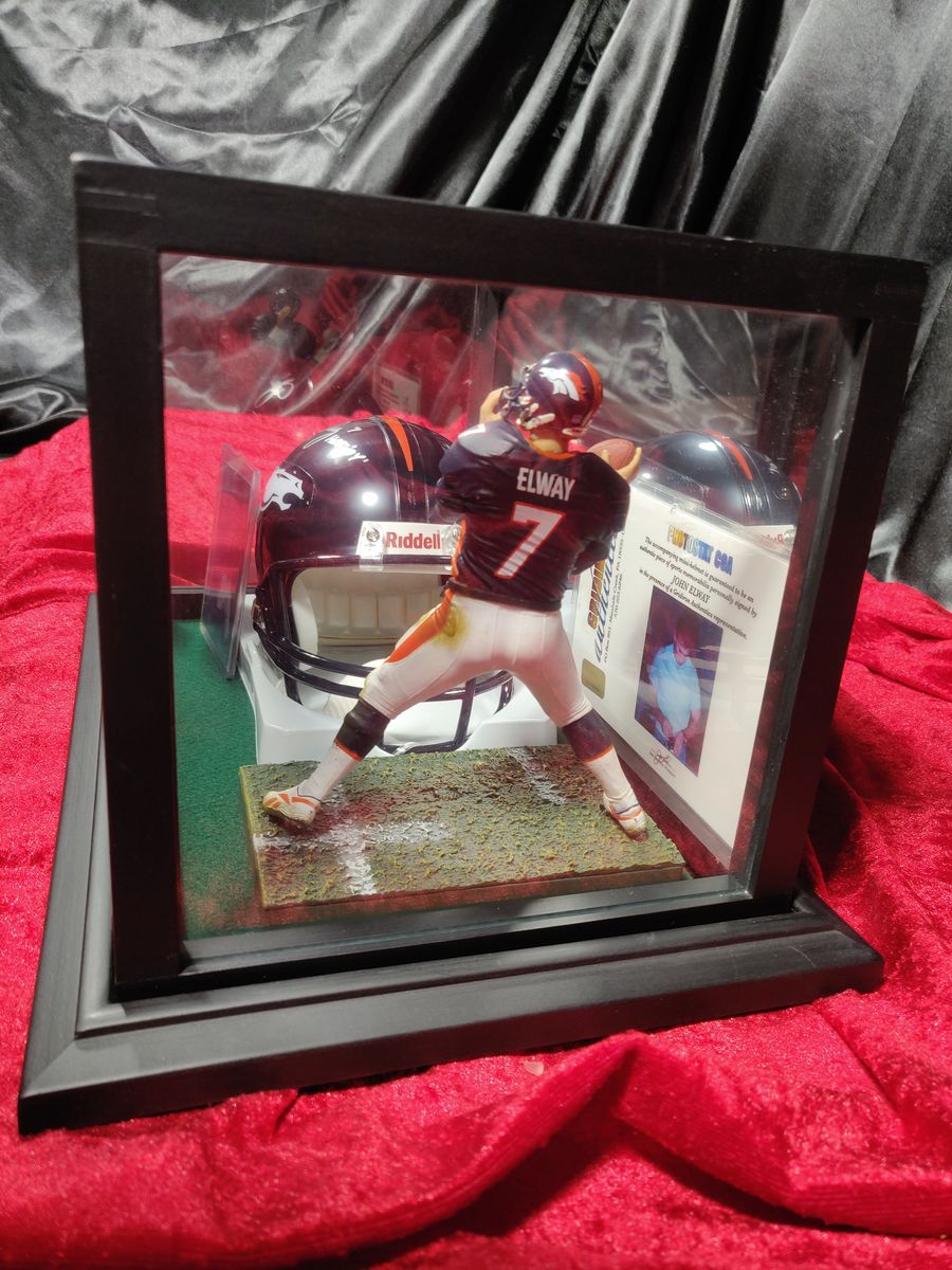 John Elway Denver Broncos Autographed Mini Helmet Shadowbox w/ Card and Figure