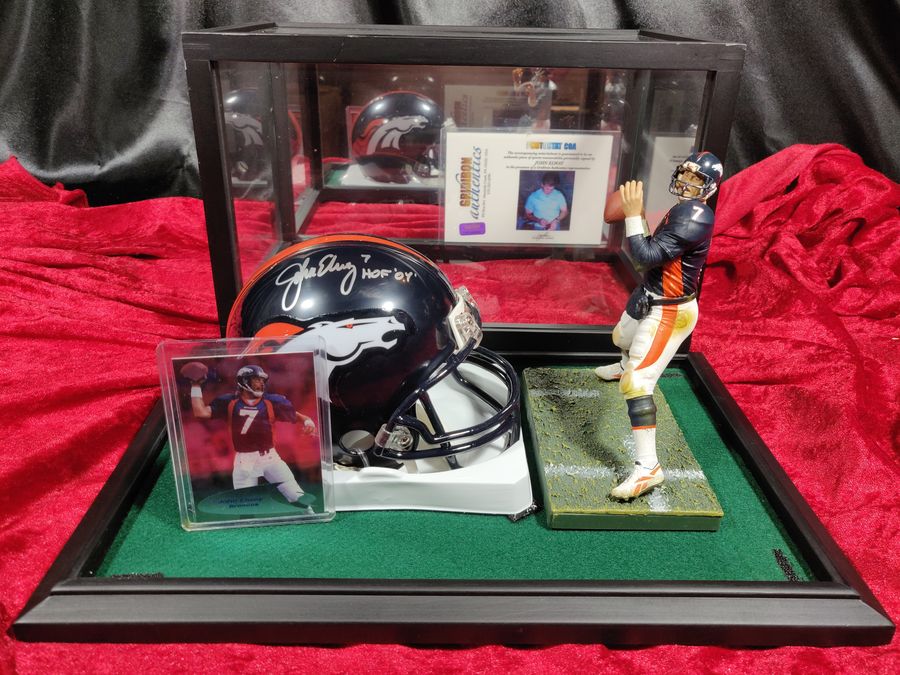 John Elway Denver Broncos Autographed Mini Helmet Shadowbox w/ Card and Figure