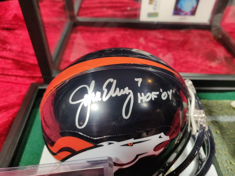 John Elway Denver Broncos Autographed Mini Helmet Shadowbox w/ Card and Figure