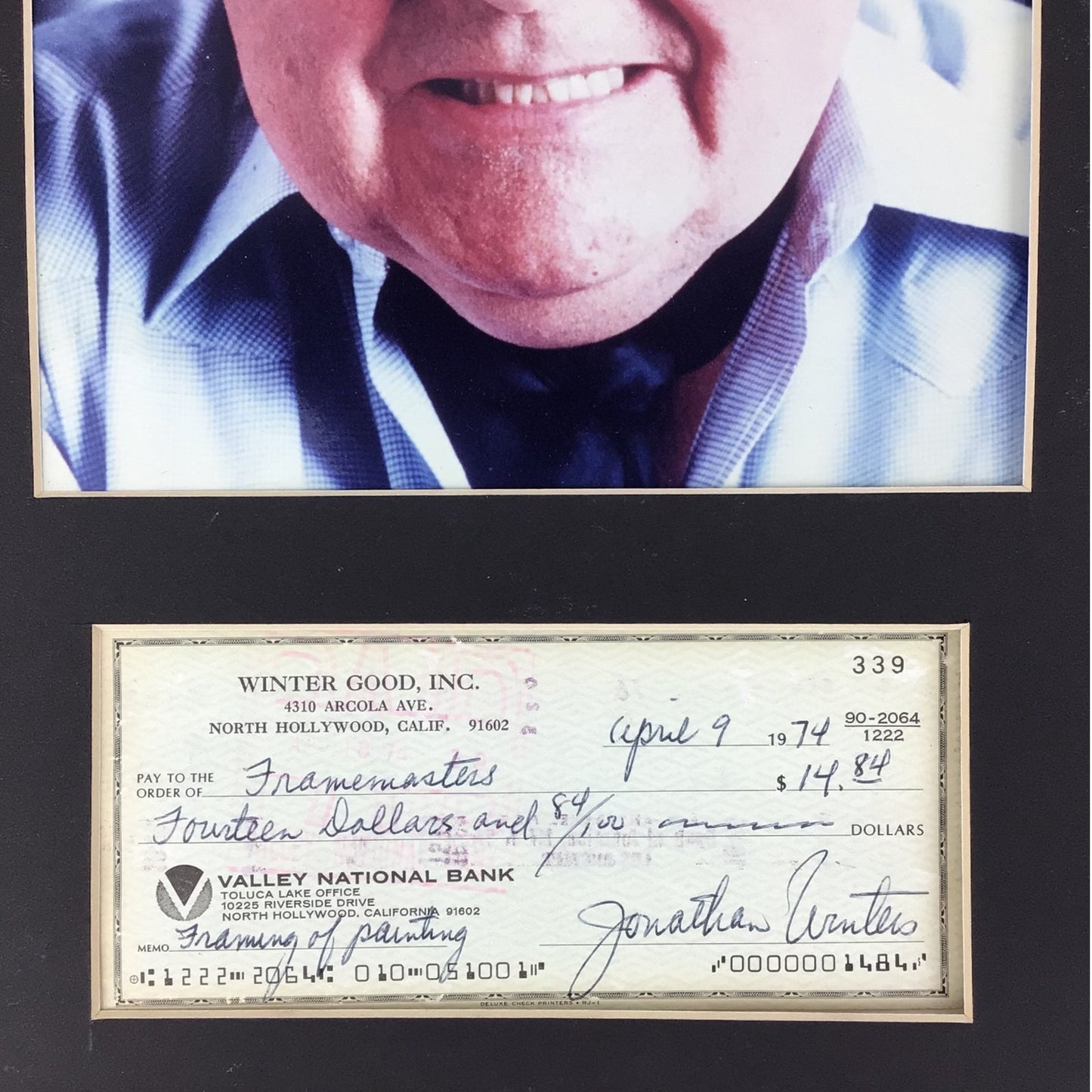 Jonathan Winters Signed Photo & Check – Framed w/ COA