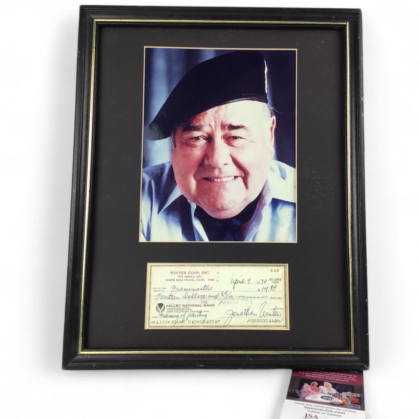 Jonathan Winters Signed Photo & Check – Framed w/ COA