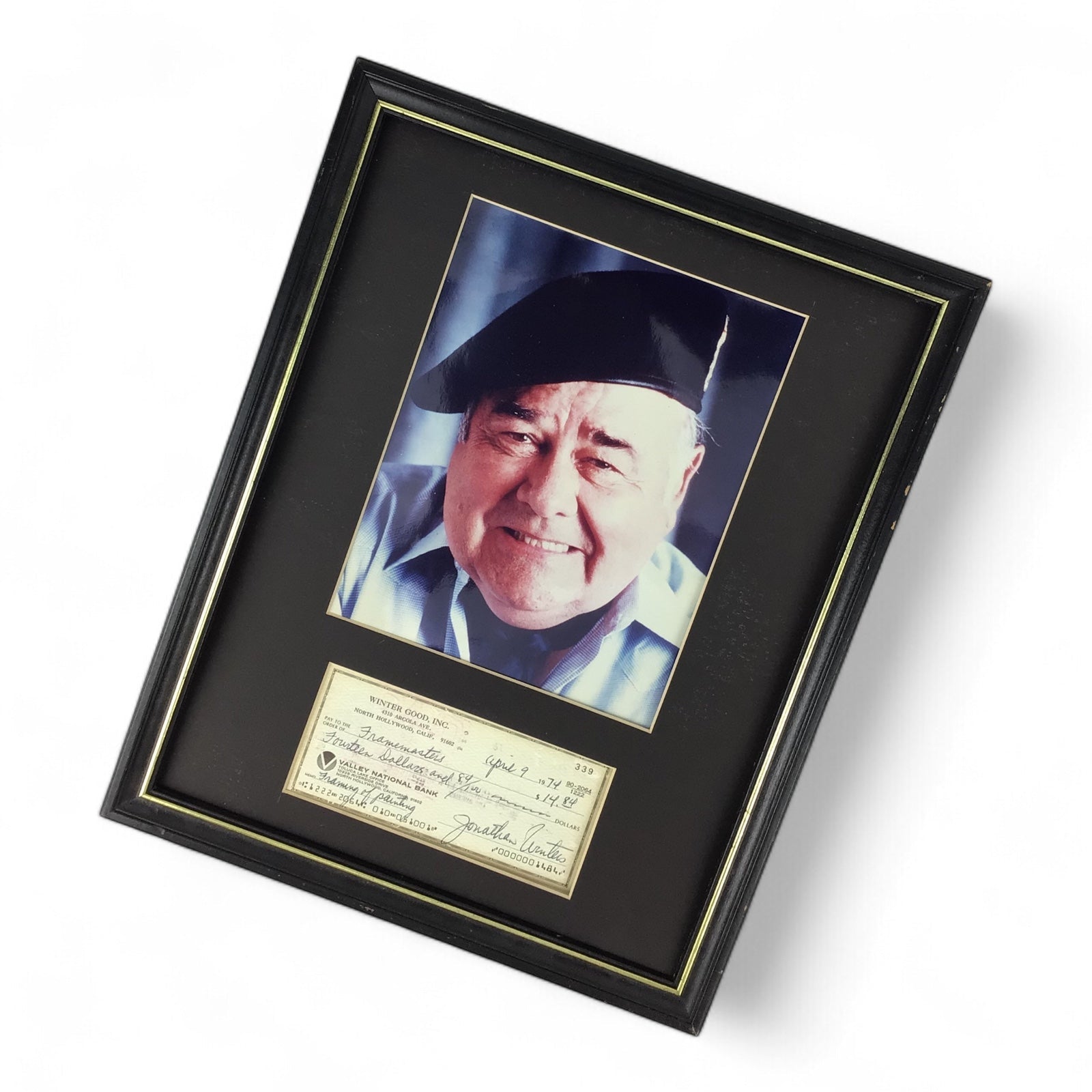 Jonathan Winters Signed Photo & Check – Framed w/ COA