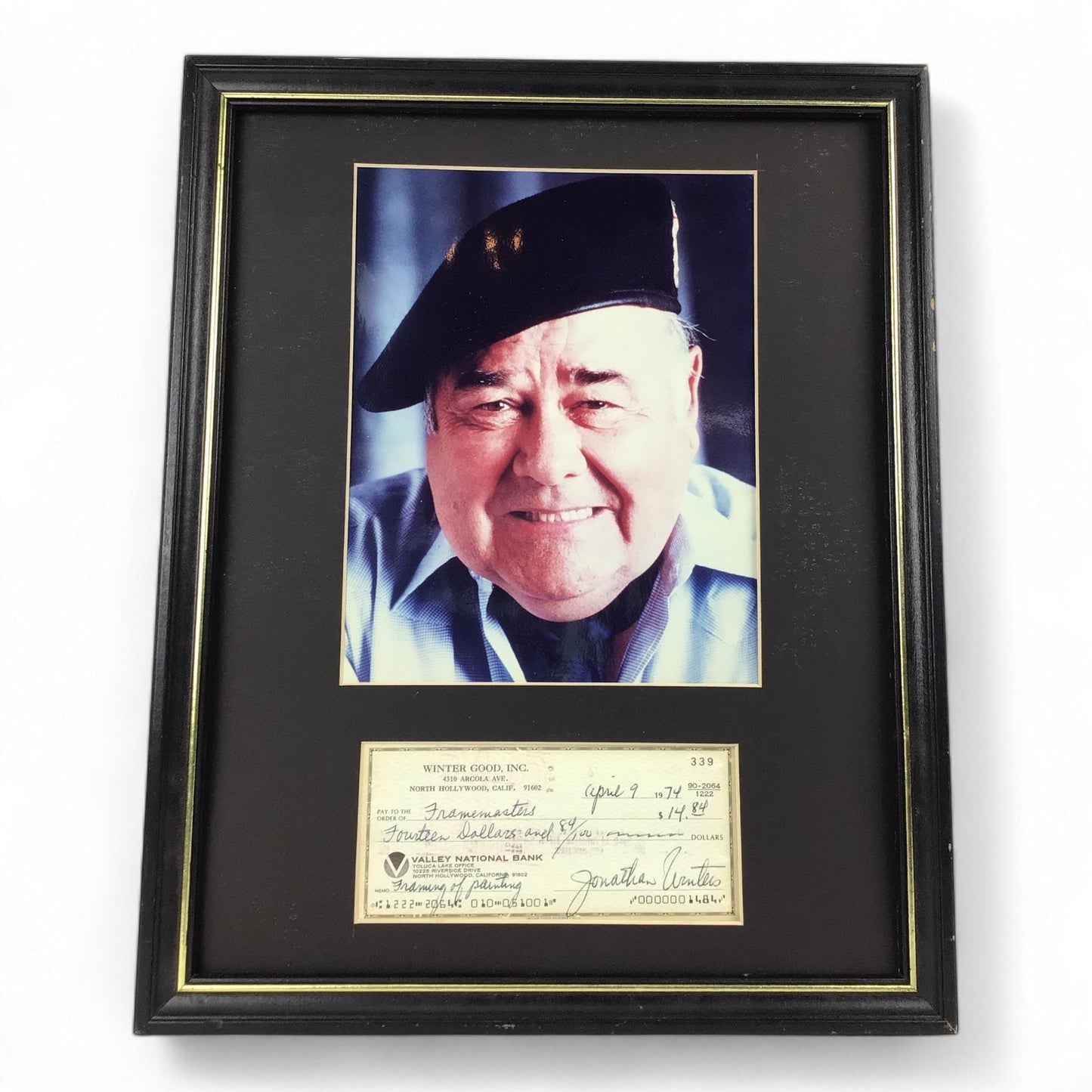 Jonathan Winters Signed Photo & Check – Framed w/ COA