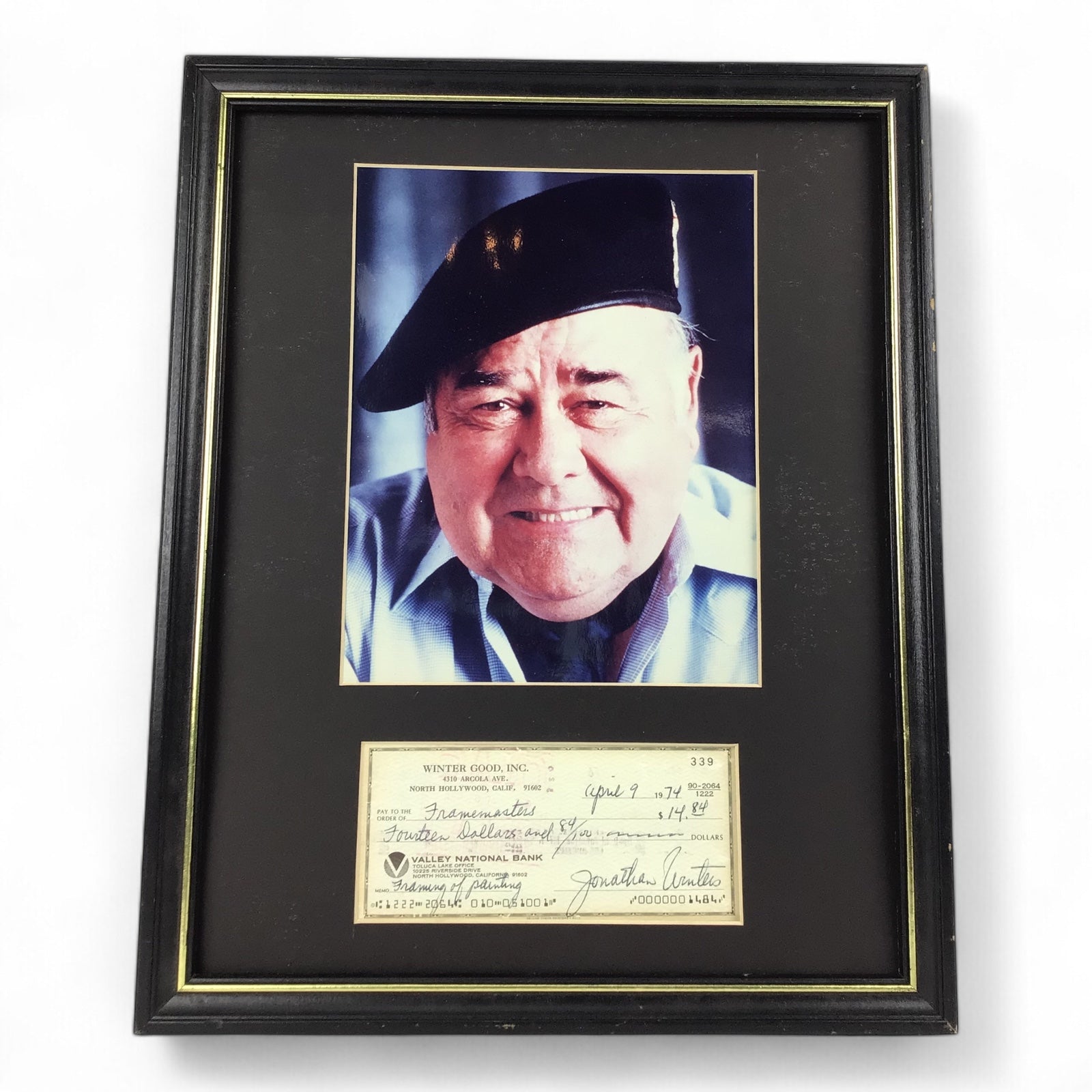 Jonathan Winters Signed Photo & Check – Framed w/ COA